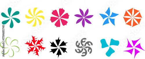 Collection of colorful abstract flower symbols and shapes in flat vector style, featuring spiral, petal, and geometric forms for decorative and graphic design use.
