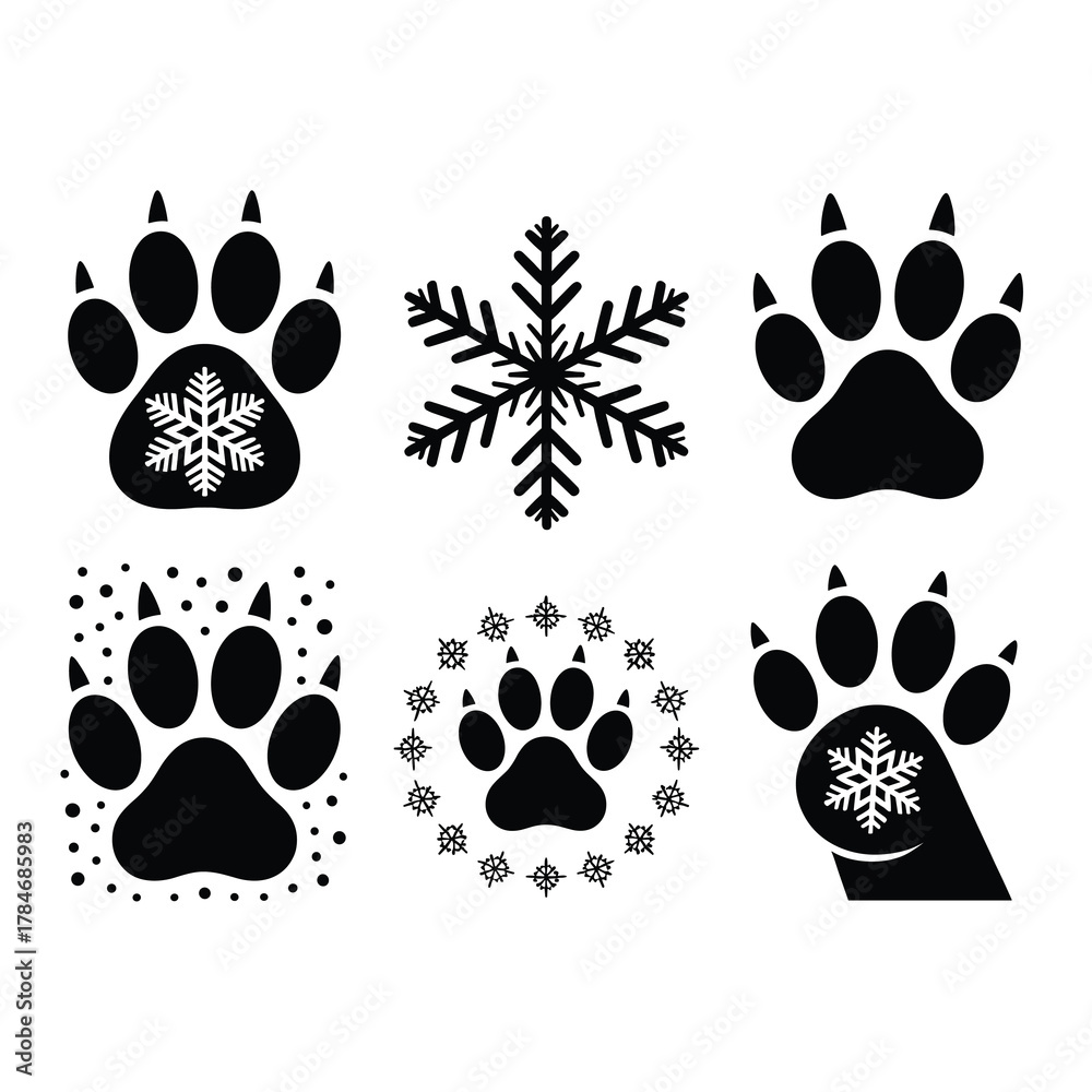 Fototapeta premium Snowflake Paw Silhouette Vector Set