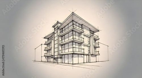 Detailed Hand-Drawn Architectural Sketch of a Modern Apartment Building