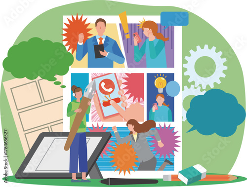 漫画家と漫画原稿のイメージイラスト