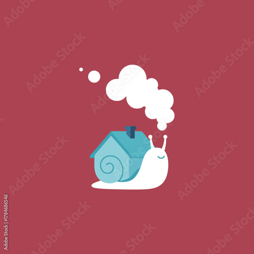 Cute Snail with a Blue House on its Shell and White Smoke Coming from the Chimney, Minimalist Flat Vector Illustration