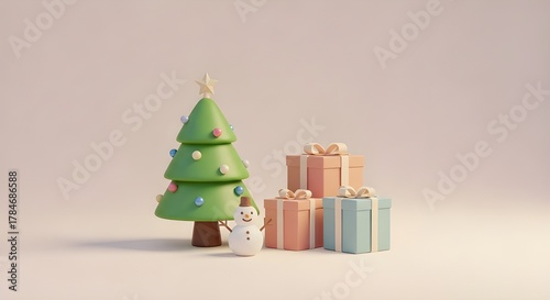 Cute 3D Rendered Christmas Tree and Gift Boxes