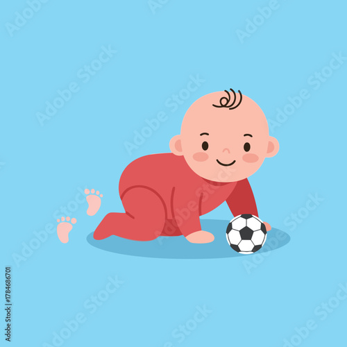 Adorable Baby Crawling in a Red Outfit Playing with a Black and White Soccer Ball, Minimalist Flat Vector Illustration