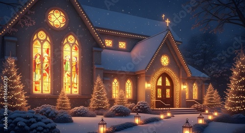 Illuminated Church with Stained Glass Windows Decorated with Christmas Lights on a Snowy Night