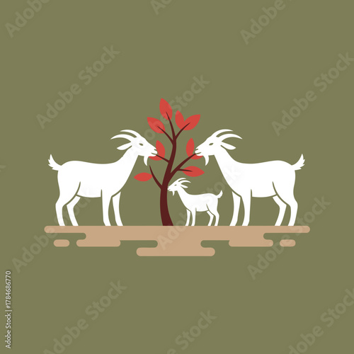 Minimalist Silhouette of a Goat Family with Two Adults and a Kid Eating Red Leaves from a Tree, Flat Vector Illustration