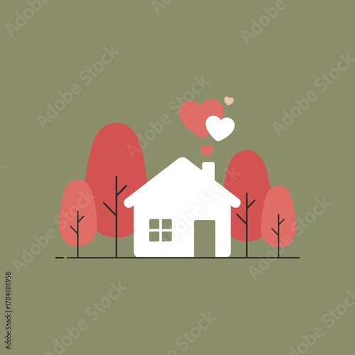 White House Silhouette with Red and Pink Hearts Coming from the Chimney, Minimalist Flat Vector Illustration of Home Love