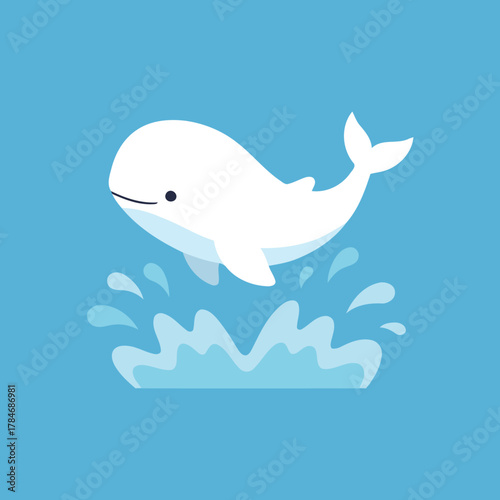 Adorable White Beluga Whale Jumping Out of Blue Water with Splashes, Minimalist Flat Vector Marine Animal Illustration