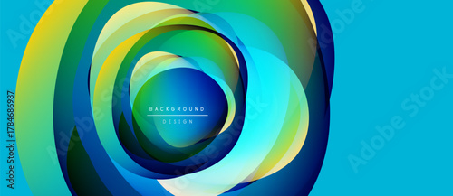 Abstract layers create dynamic circular form. Vibrant colors blend, forming modern background design. Blue dominates outer space.