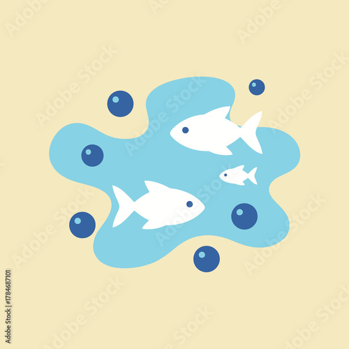 Simple, playful illustration of three white fish swimming in a light blue water puddle or pond, surrounded by dark blue bubbles on a cream background.