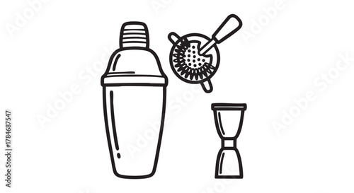 31. cocktail shaker with strainer and jigger outline icon vector
