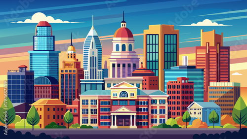 Very beautiful downtown skyline of Lansing, Michigan, USA, featuring modern and historic buildings, clear bright light, and a realistic vibrant metropolitan cityscape.