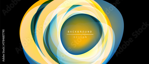 Abstract circular design. Layers create luminous effect. Yellow, gold, blue hues dominate composition. Text reads background design.