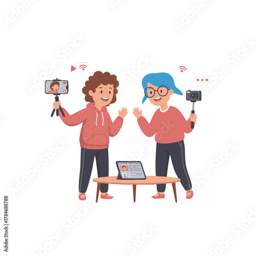 Two friends learning a new skill together outdoors with technology and modern communication devices showing a creative flat vector illustration style with vibrant colors and smiling expressions
