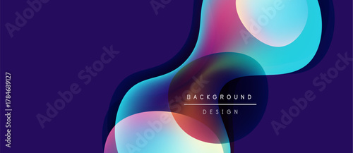 Abstract fluid shapes overlap, creating vibrant color gradients. Dark purple background enhances dynamic visual effect. Modern design element.
