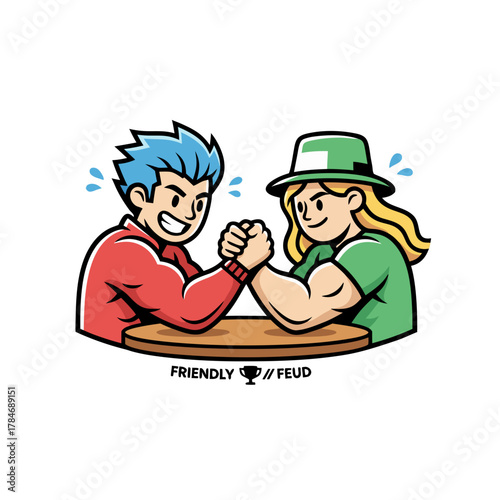 Two Friends Arm Wrestling On A Wooden Table Displaying Strength And Competition In A Bold Flat Illustration Style