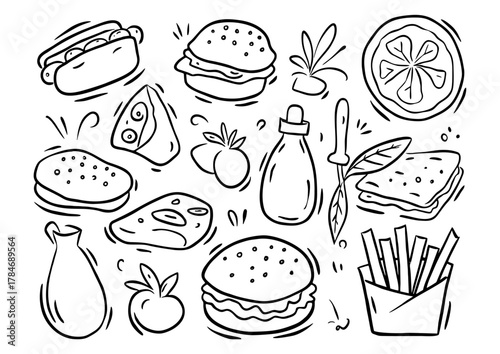 doodle fastfood set, burger and friend, delicious food