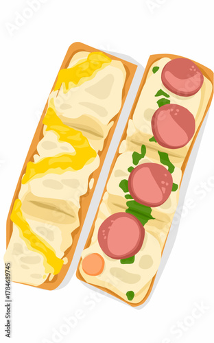 Delicious Square pizza with cheese papperone and meat on it issolated on white. Street food