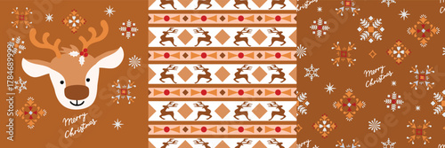 Christmas seamless patterns set with folk ornaments and snowflakes. Print with cartoon deer and hand written congratulation. Brown, red, pink and white colors. Festive vector design for winter holiday