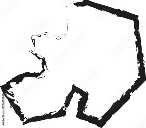 Sharp polygonal shape with creative angles and fine hand-drawn brush outlines.