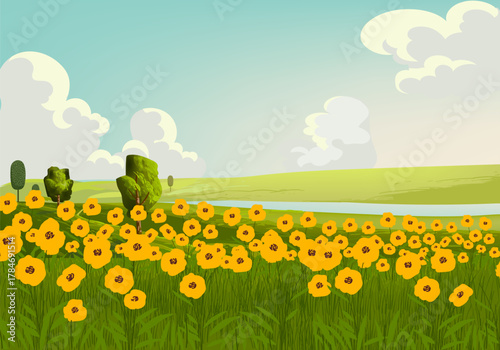 Beautiful farmland in counrtyside rural landscape background vector illustration. Cartoon scene with cloud and sky in sunny day.