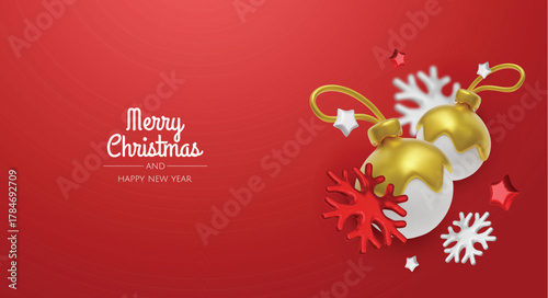 Happy New Year and Merry Christmas. Christmas holiday background with realistic 3d objects, bauble balls, conical metal stars. Levitation falling design composition.