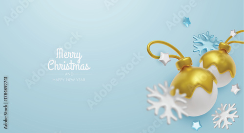 Happy New Year and Merry Christmas. Christmas holiday background with realistic 3d objects, bauble balls, conical metal stars. Levitation falling design composition.