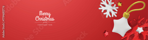 Happy New Year and Merry Christmas. Christmas holiday background with realistic 3d objects, bauble balls, conical metal stars. Levitation falling design composition.