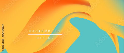 Fluid shapes blend orange, yellow, turquoise. Modern background design evokes movement, energy, warmth. Simple text overlay present.