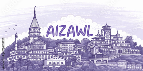 Aizawl Skyline Sketch with Cultural Touch for Tourism Promotion Featuring Solomon’s Temple, Durtlang Hills, and Mizoram State Museum