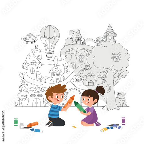 Two happy children are coloring a large drawing of a whimsical town with crayons on the floor with colorful art supplies scattered around them creating a fun imaginative activity