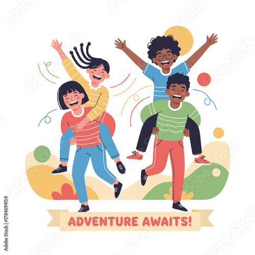 Two Happy Couples Sharing Piggyback Rides With Joyful Expressions Against A Colorful Abstract Background Celebrating Friendship And Adventure With A Banner That Says Adventure Awaits