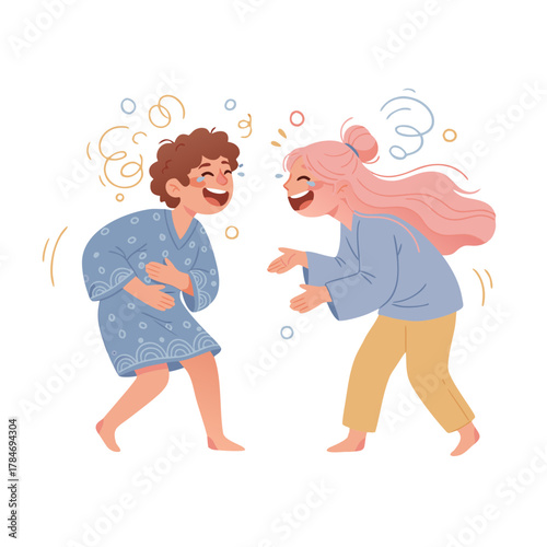 Two joyful people wearing blue robes laughing heartily together with confetti falling around them a celebration of happiness and togetherness in a cartoon style illustration