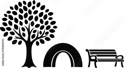 Serene park scene featuring a shady tree, inviting tunnel, and relaxing bench, perfect for nature lovers and peaceful moments in minimalist style