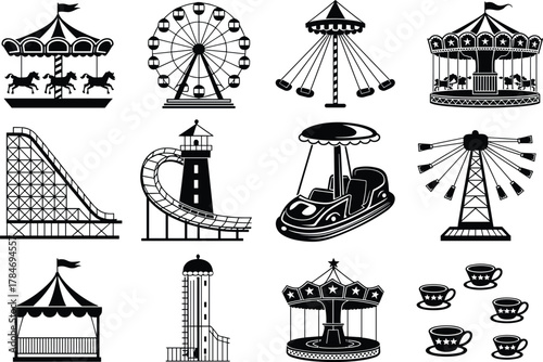 Amusement park ride silhouettes, black and white design, carousel, Ferris wheel, roller coaster, water slide, bumper car, drop tower, teacup ride, circus tent