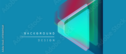 Abstract geometric shapes overlap, creating vibrant color gradients. Blue dominates background, with hints of green, pink, purple. Modern design elements present.