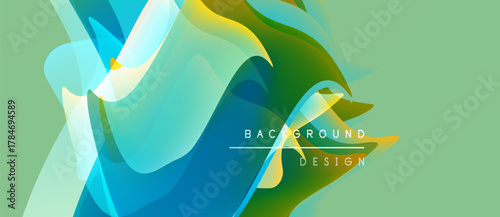 Abstract fluid shapes blend, creating vibrant color gradients. Design elements suggest movement, energy, modern aesthetic. Background features soft light effects.