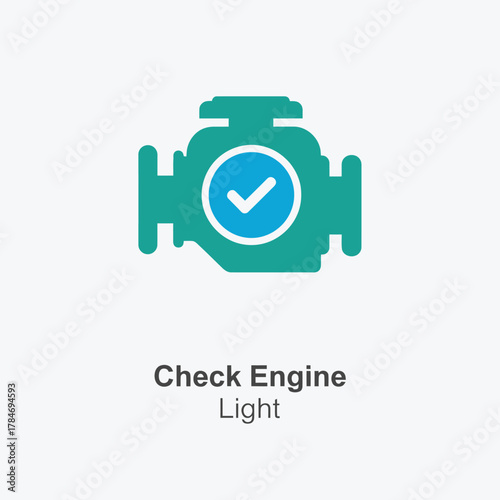 Vector illustration of check engine light icon with a checkmark inside a circle, symbolizing a cars engine is functioning correctly or has been inspected