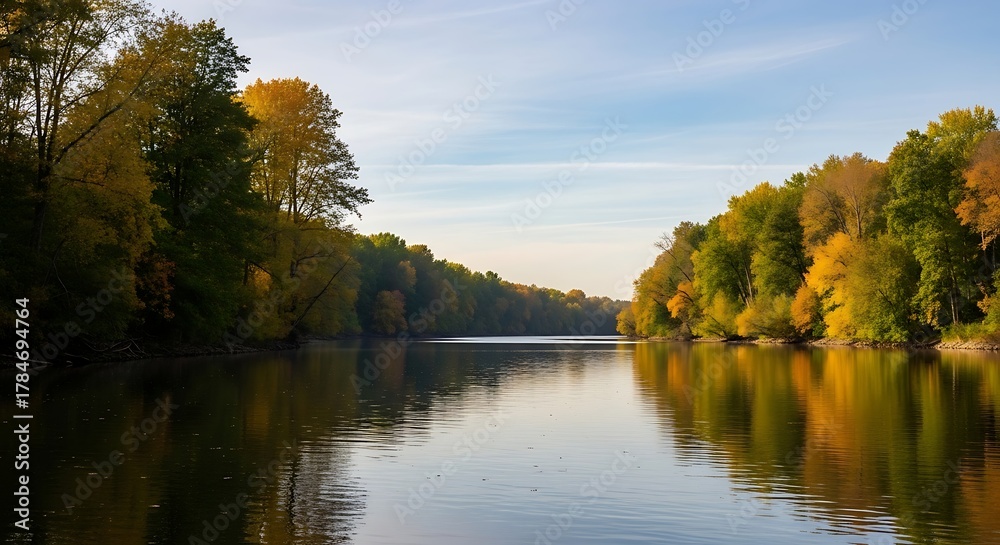 Fototapeta premium Calm river flowing through autumn trees reflecting sunlight nature landscape