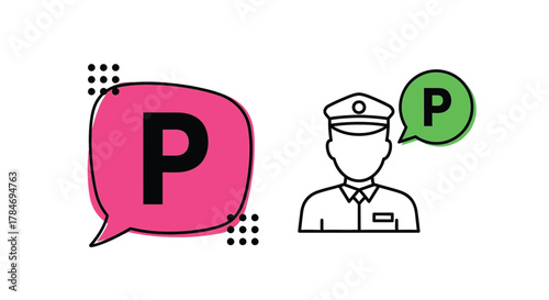 Vector illustration of illustration of a police officer with a speech bubble containing the letter p