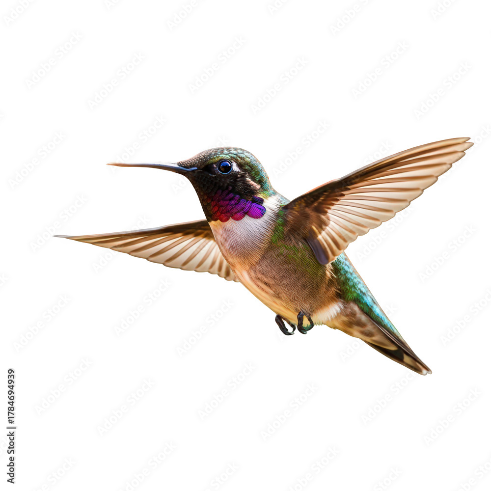 Fototapeta premium A stunning male calliope hummingbird in flight isolated on transparent background, showcasing its vibrant colors and intricate details