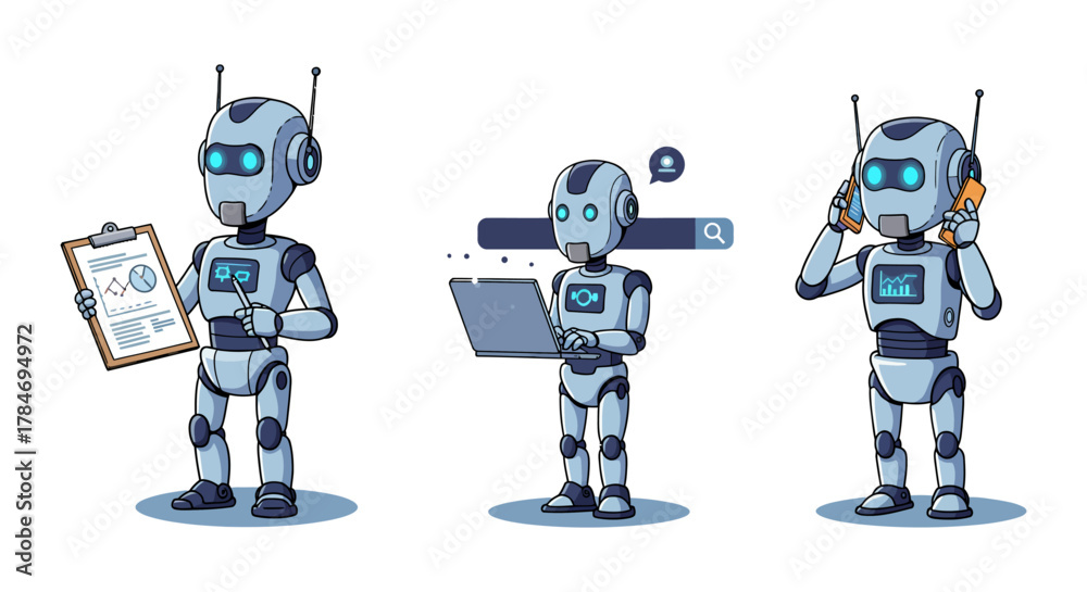 Naklejka premium ai assistant chatbot robots performing tasks analysis search and communication perfect for illustrating automation and ai solutions.