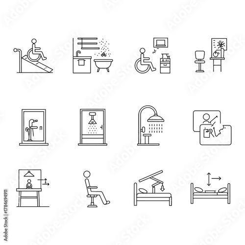 accessible design features icons illustrating inclusive home modifications for wheelchair access adaptable showers and adjustable beds beneficial for interior designs