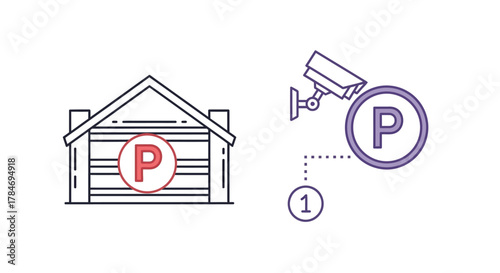 Vector illustration of illustration of a parking garage with a p symbol and a security camera monitoring a parking spot with a p symbol