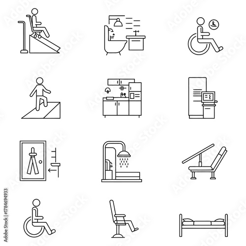 accessible design features illustrating universal accessibility in various home settings for inclusive design healthcare and architectural projects