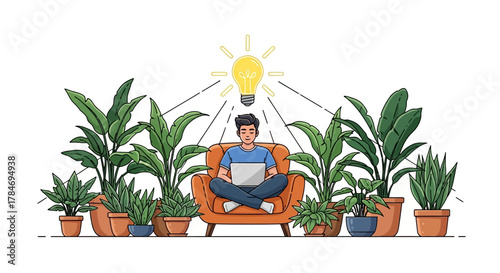 person working from home with plants man sitting in chair with laptop surrounded by plants getting ideas ideal for remote work and creativity concepts.