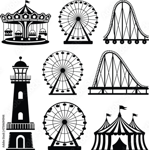 Amusement park, carousel ride, Ferris wheel, roller coaster, circus tent, lighthouse silhouette, festive attractions, fairground icons, black and white, 