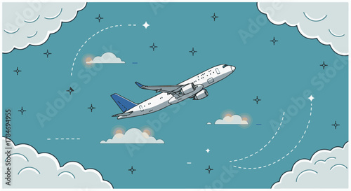 airplane in flight a passenger plane taking off into a partly cloudy sky symbolizing air travel transportation and aviation industry themes.