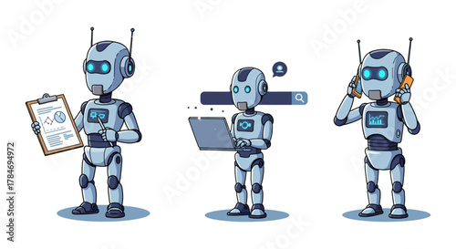 ai assistant chatbot robots performing tasks analysis search and communication perfect for illustrating automation and ai solutions.