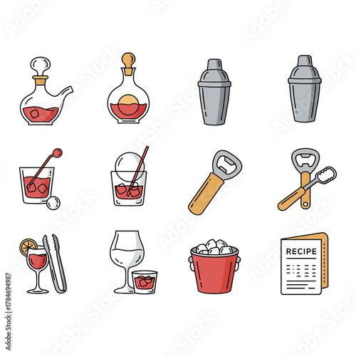 cocktail illustration set essential bar tools and drink recipes ideal for restaurant promotions and menus showcasing mixology and festive beverages.