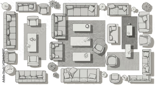 furniture arrangement illustration sofas chairs and tables for interior design mockups and space planning layouts aiding architectural visualization projects.